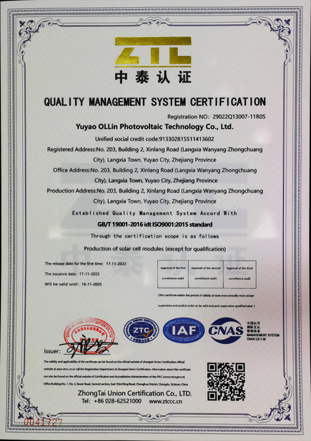 China Yuyao Ollin Photovoltaic Technology Co., Ltd. Certificaten